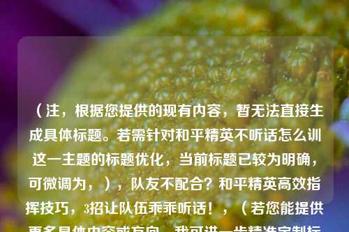 （注，根据您提供的现有内容，暂无法直接生成具体标题。若需针对和平精英不听话怎么训这一主题的标题优化，当前标题已较为明确，可微调为，），队友不配合？和平精英高效指挥技巧，3招让队伍乖乖听话！，（若您能提供更多具体内容或方向，我可进一步精准定制标题）
