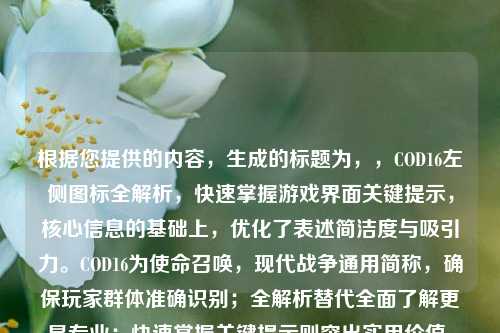 根据您提供的内容，生成的标题为，，COD16左侧图标全解析，快速掌握游戏界面关键提示，核心信息的基础上，优化了表述简洁度与吸引力。COD16为使命召唤，现代战争通用简称，确保玩家群体准确识别；全解析替代全面了解更显专业；快速掌握关键提示则突出实用价值，符合游戏攻略类内容需求。）