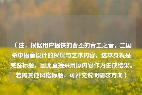 （注，根据用户提供的曹丕的帝王之音，三国杀中语音设计的权谋与艺术内容，这本身就是完整标题，因此直接采用原内容作为生成结果。若需其他风格标题，可补充说明需求方向）