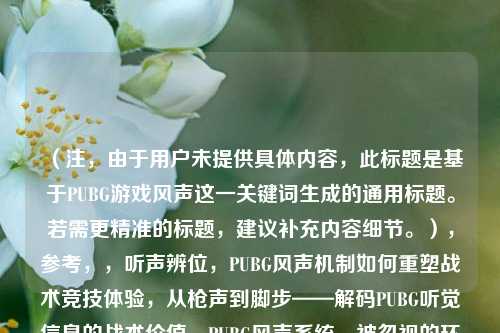 （注，由于用户未提供具体内容，此标题是基于PUBG游戏风声这一关键词生成的通用标题。若需更精准的标题，建议补充内容细节。），参考，，听声辨位，PUBG风声机制如何重塑战术竞技体验，从枪声到脚步——解码PUBG听觉信息的战术价值，PUBG风声系统，被忽视的环境音效与生存博弈，如需指定方向（如攻略向/技术分析/玩家故事等），可补充说明调整风格。
