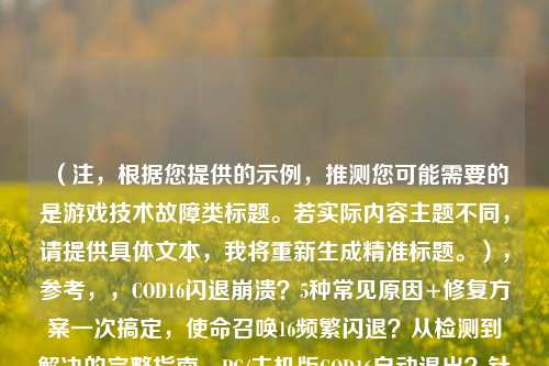 （注，根据您提供的示例，推测您可能需要的是游戏技术故障类标题。若实际内容主题不同，请提供具体文本，我将重新生成精准标题。），参考，，COD16闪退崩溃？5种常见原因+修复方案一次搞定，使命召唤16频繁闪退？从检测到解决的完整指南，PC/主机版COD16自动退出？针对性排查5大问题根源，（请补充您的实际内容，我将为您定制最匹配的标题）